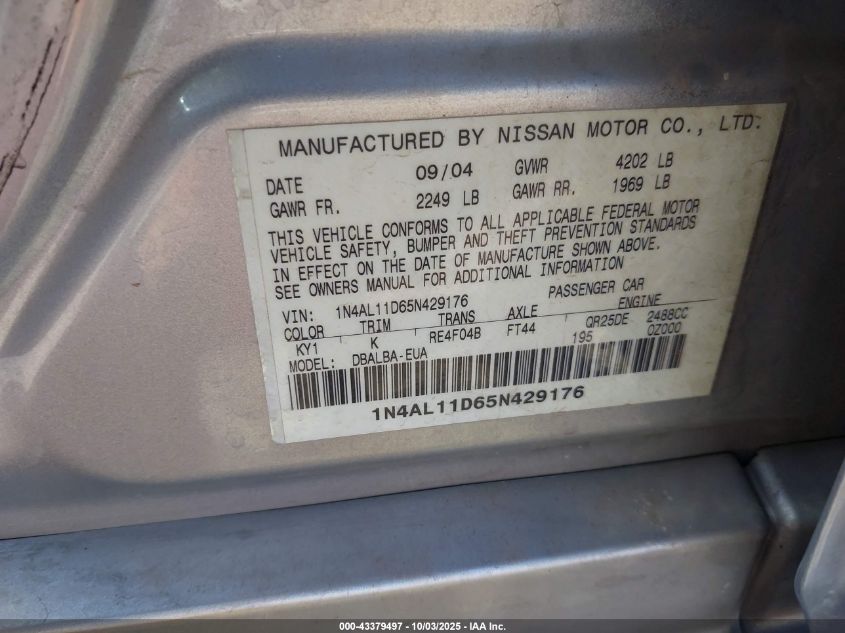 2005 Nissan Altima 2.5 S VIN: 1N4AL11D65N429176 Lot: 43379497