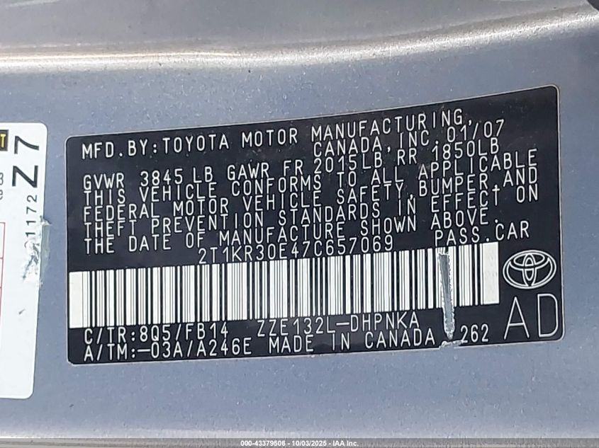 2007 Toyota Matrix Xr VIN: 2T1KR30E47C657069 Lot: 43379506