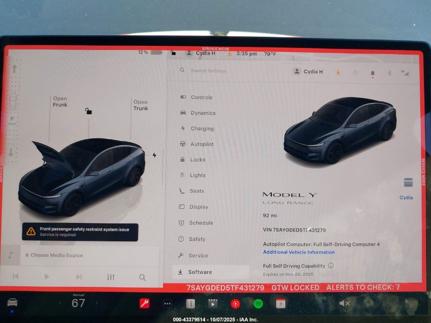 2026 Tesla Model Y Long Range Dual Motor All-Wheel Drive VIN: 7SAYGDED5TF431279 Lot: 43379514