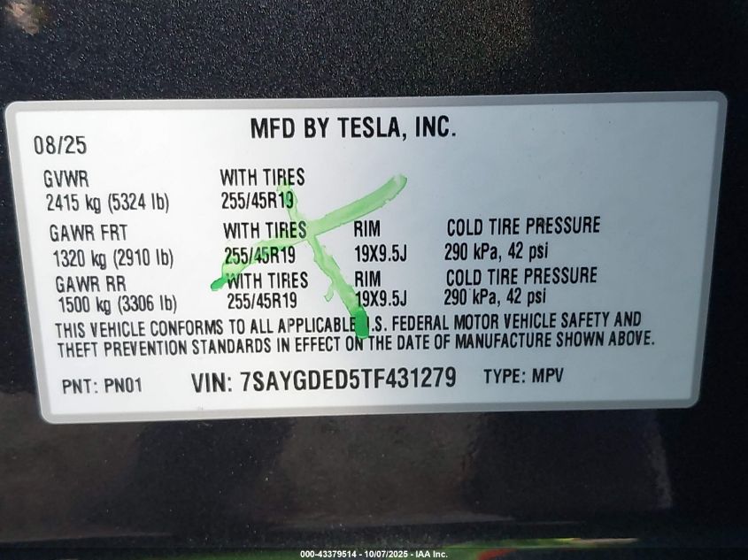 2026 Tesla Model Y Long Range Dual Motor All-Wheel Drive VIN: 7SAYGDED5TF431279 Lot: 43379514