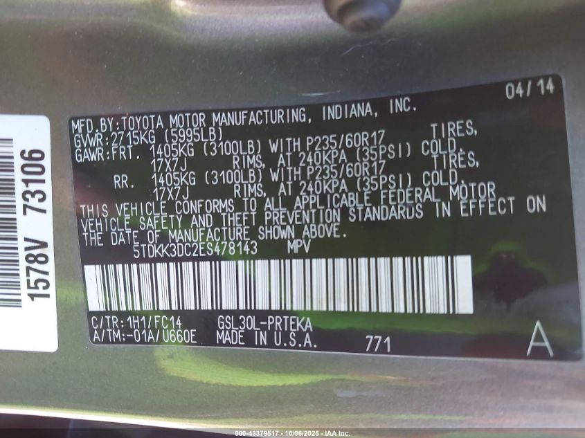 2014 Toyota Sienna Le V6 8 Passenger VIN: 5TDKK3DC2ES478143 Lot: 43379517