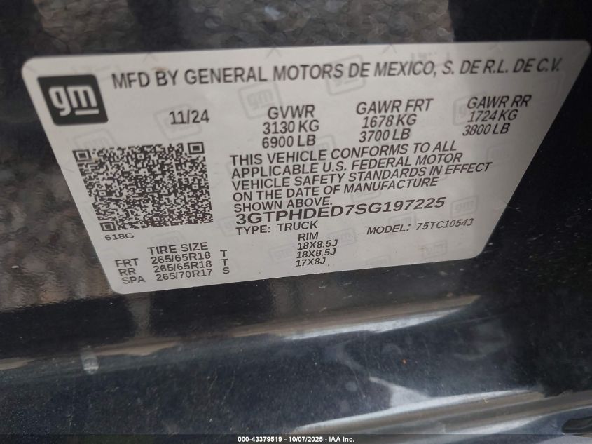 2025 GMC Sierra 1500 2Wd Short Box Slt VIN: 3GTPHDED7SG197225 Lot: 43379519