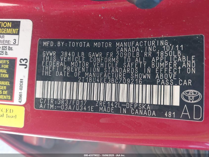 2011 Toyota Corolla S VIN: 2T1BU4EE3BC709216 Lot: 43379522