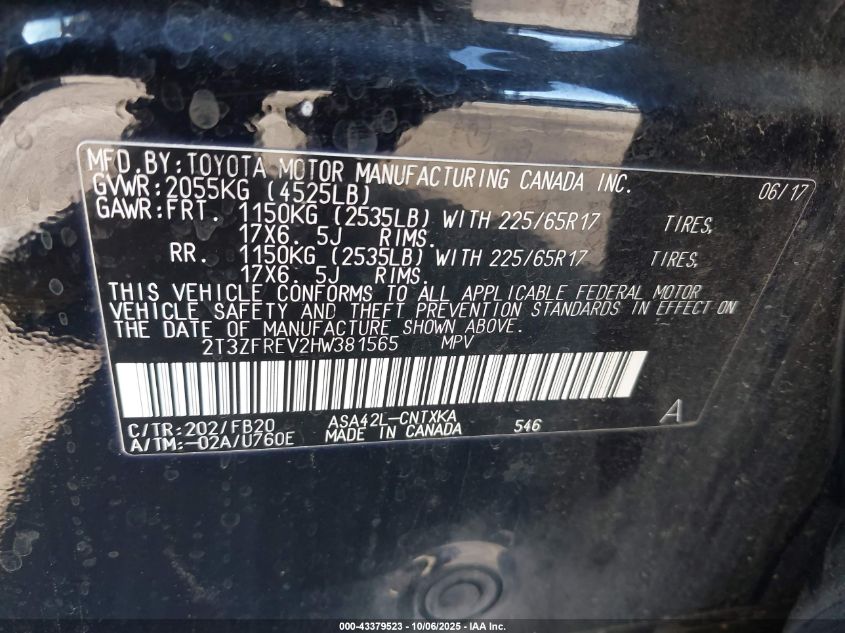 2017 Toyota Rav4 Le VIN: 2T3ZFREV2HW381565 Lot: 43379523