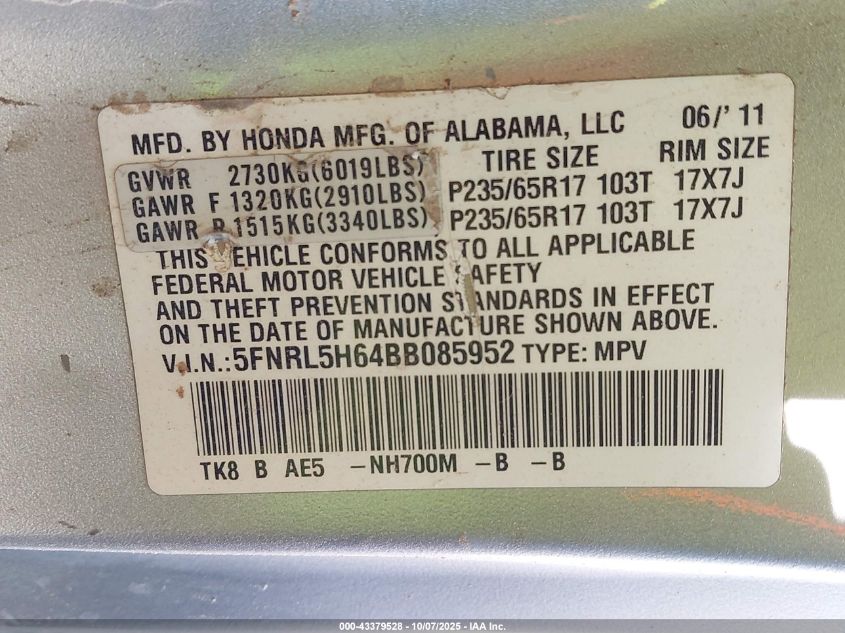 2011 Honda Odyssey Ex-L VIN: 5FNRL5H64BB085952 Lot: 43379528