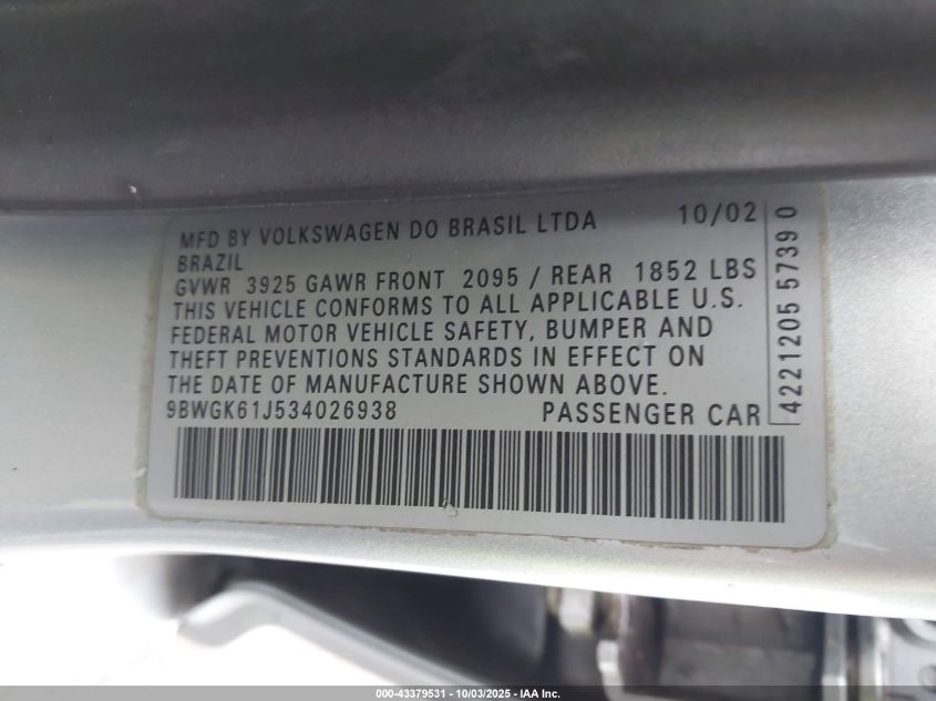 2003 Volkswagen Golf Gls 2.0L VIN: 9BWGK61J534026938 Lot: 43379531
