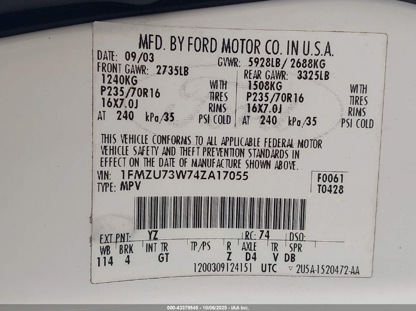 2004 Ford Explorer Nbx/Xlt VIN: 1FMZU73W74ZA17055 Lot: 43379545