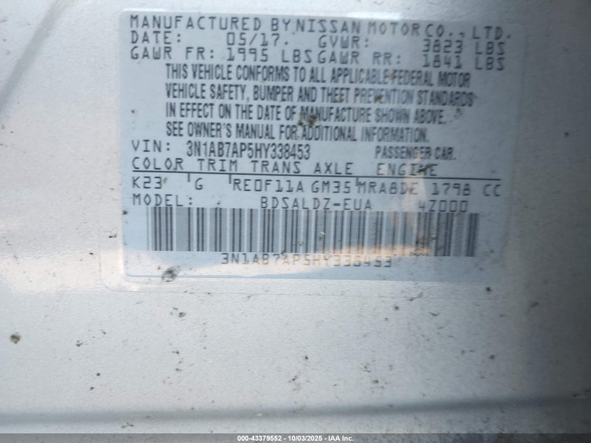 2017 NISSAN SENTRA SV - 3N1AB7AP5HY338453