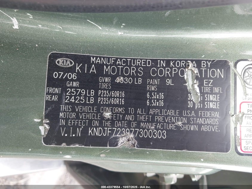 KNDJF723977300303 2007 KIA SPORTAGE photo no. 9