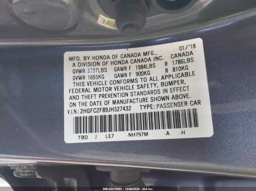 2018 Honda Civic Ex VIN: 2HGFC2F89JH527432 Lot: 43379565