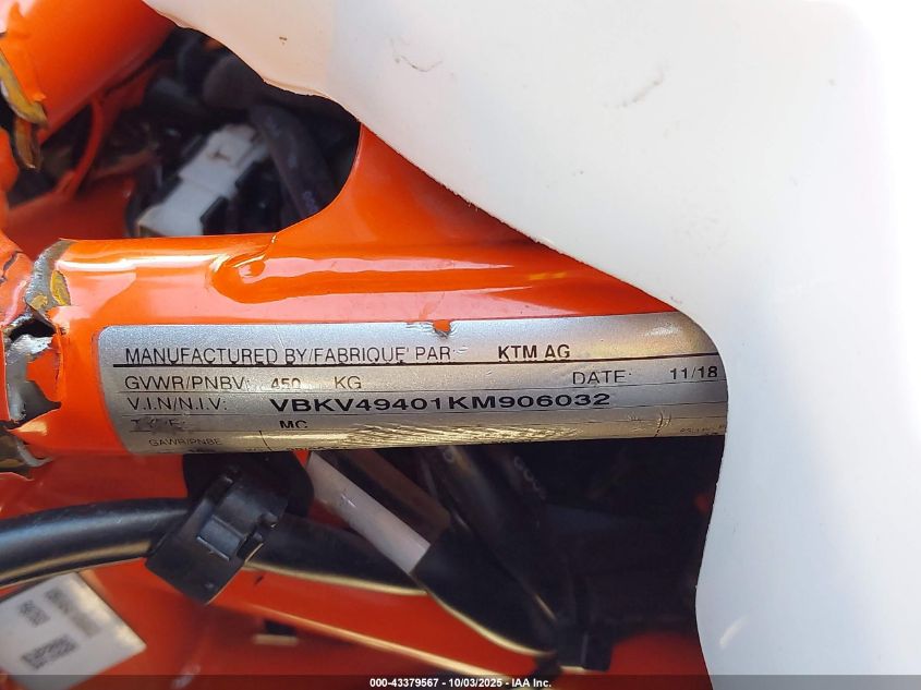 2019 Ktm 1090 Adventure R VIN: VBKV49401KM906032 Lot: 43379567