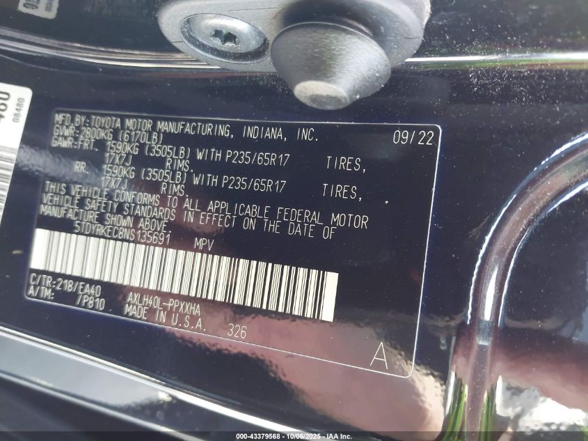 2022 Toyota Sienna Xle VIN: 5TDYRKEC8NS135691 Lot: 43379568