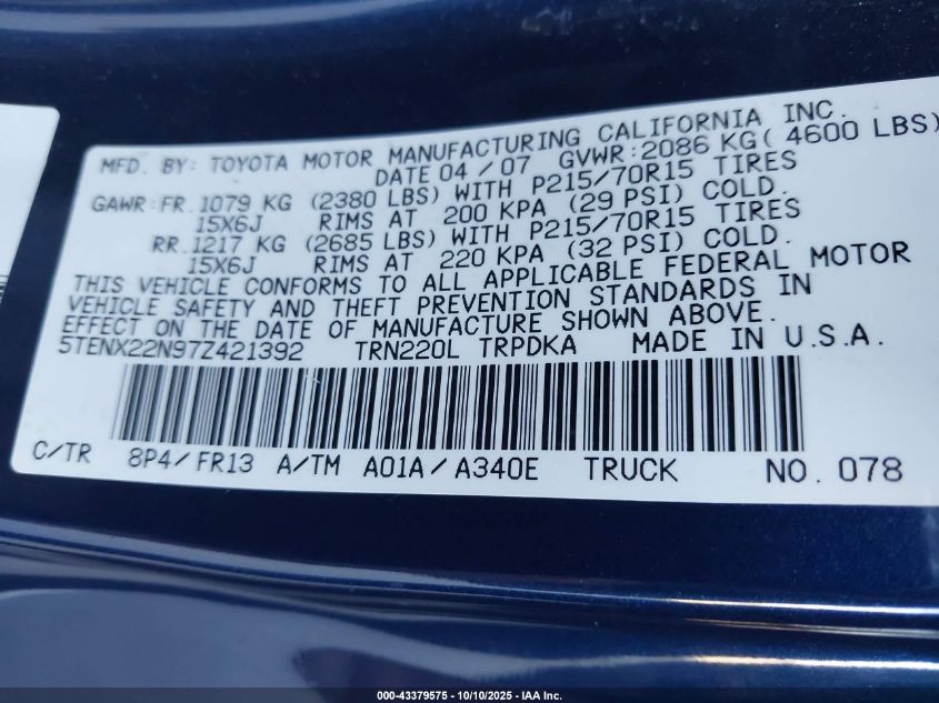 2007 Toyota Tacoma VIN: 5TENX22N97Z421392 Lot: 43379575