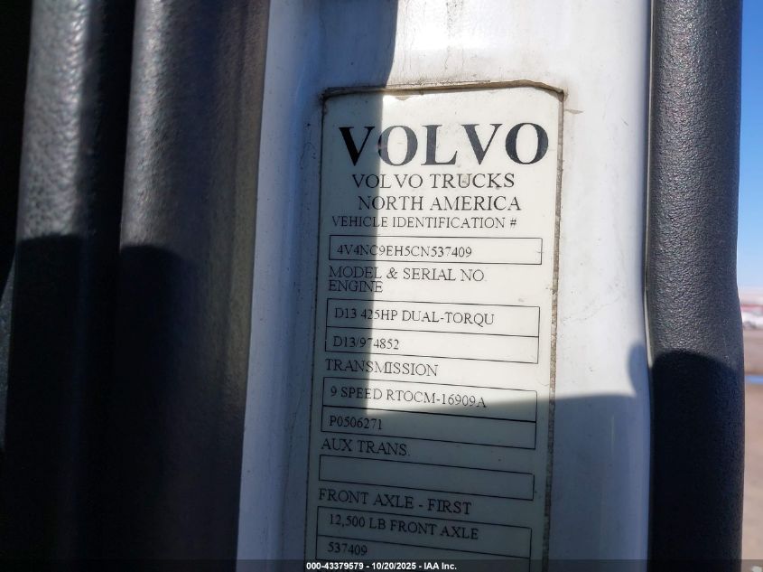 2012 Volvo Vn Vnl VIN: 4V4NC9EH5CN537409 Lot: 43379579
