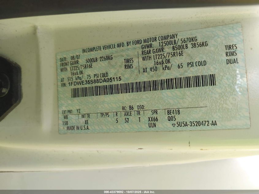 2008 Ford Born Free Motorcoach VIN: 1FDWE35S88DA05115 Lot: 43379592