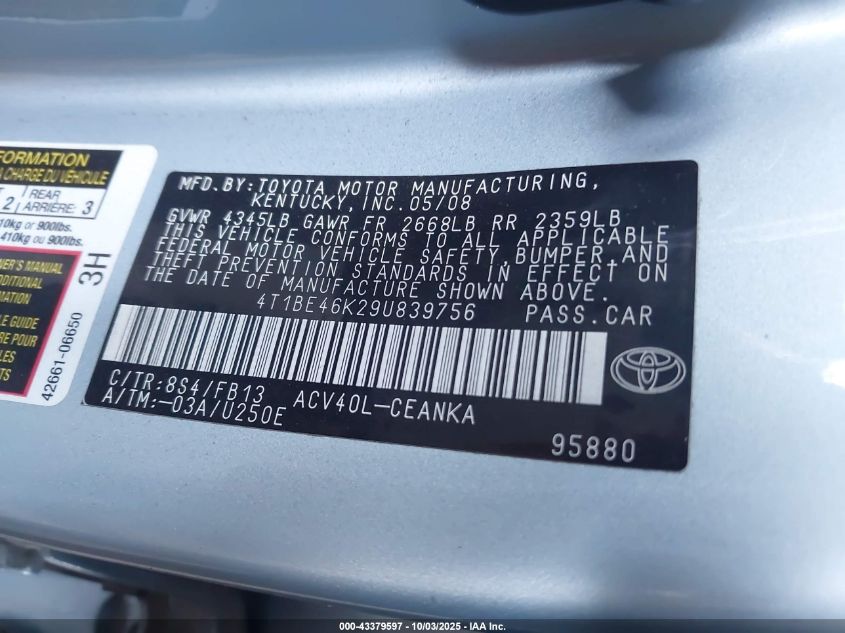 2009 Toyota Camry Le VIN: 4T1BE46K29U839756 Lot: 43379597