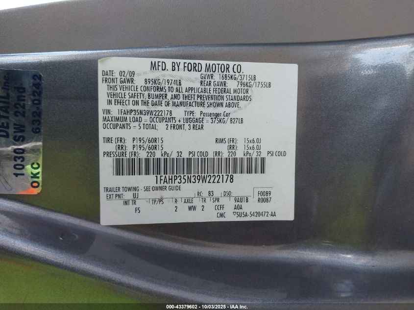 2009 Ford Focus Se VIN: 1FAHP35N39W222178 Lot: 43379602