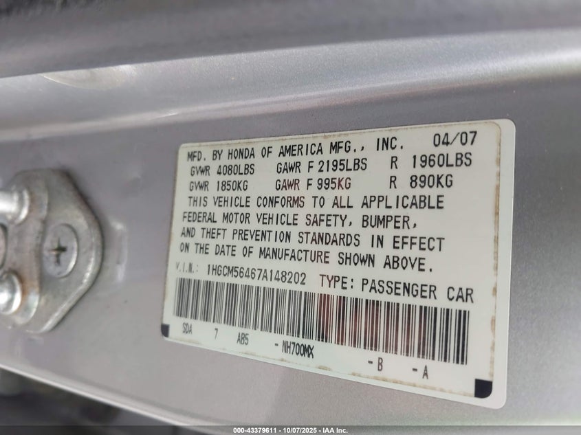 2007 Honda Accord 2.4 Lx VIN: 1HGCM56467A148202 Lot: 43379611