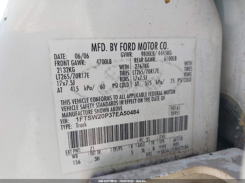 2007 Ford F-250 Lariat/Xl/Xlt VIN: 1FTSW20P37EA50484 Lot: 43379618