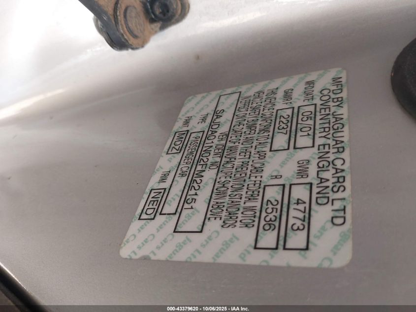 2002 Jaguar S-Type 3.0L V6 VIN: SAJDA01N02FM22151 Lot: 43379620