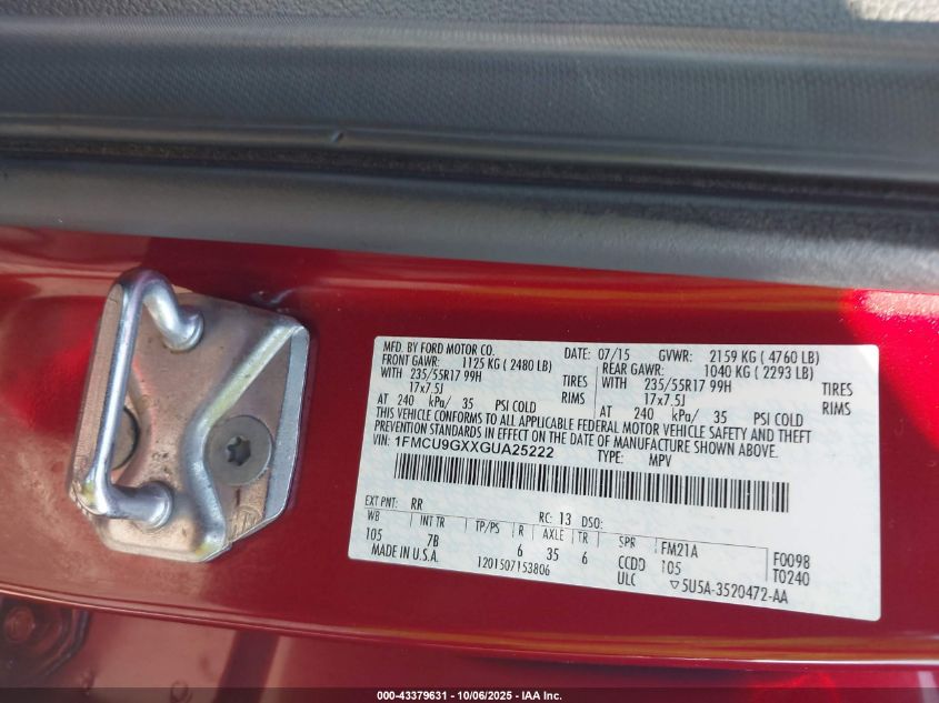 2016 Ford Escape Se VIN: 1FMCU9GXXGUA25222 Lot: 43379631