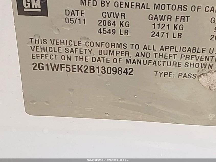 2011 Chevrolet Impala Ls VIN: 2G1WF5EK2B1309842 Lot: 43379633