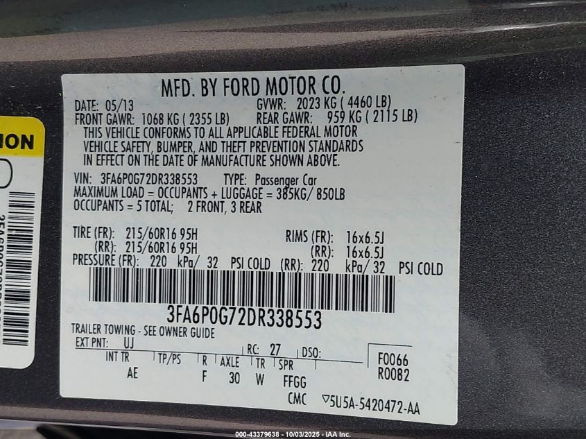 2013 Ford Fusion S VIN: 3FA6P0G72DR338553 Lot: 43379638