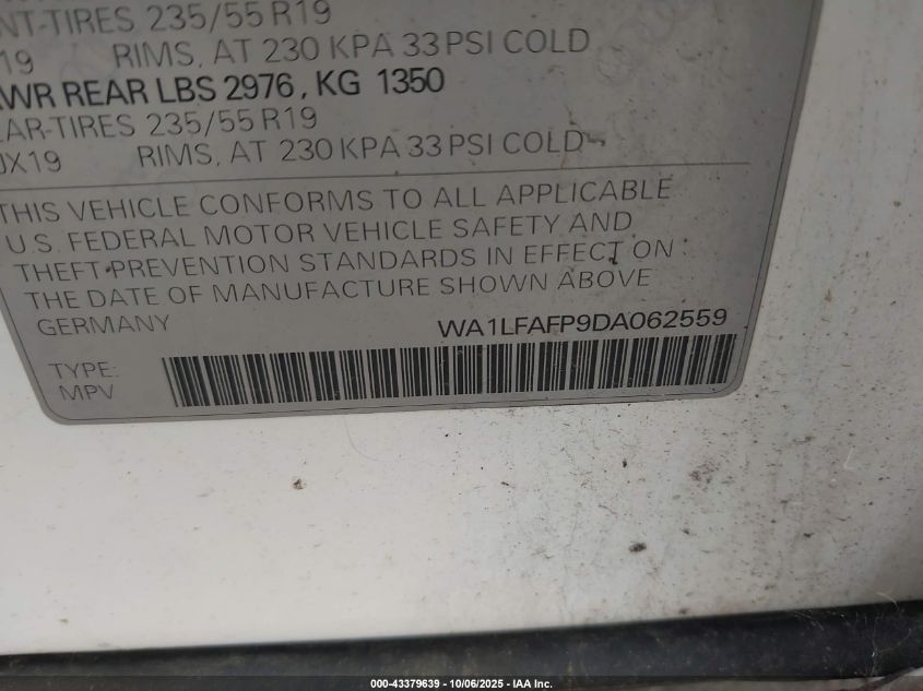 2013 Audi Q5 2.0T Premium VIN: WA1LFAFP9DA062559 Lot: 43379639