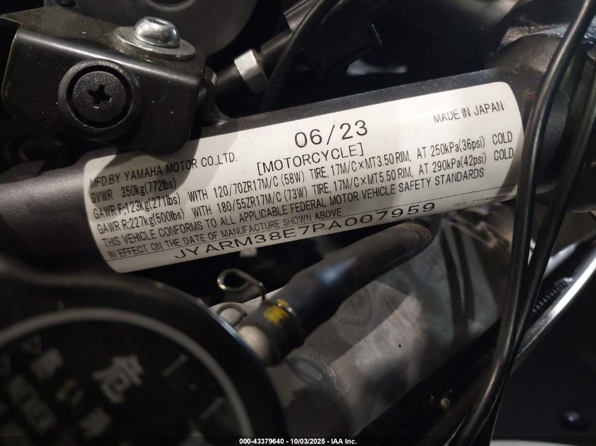 2023 Yamaha Yzfr7 VIN: JYARM38E7PA007959 Lot: 43379640