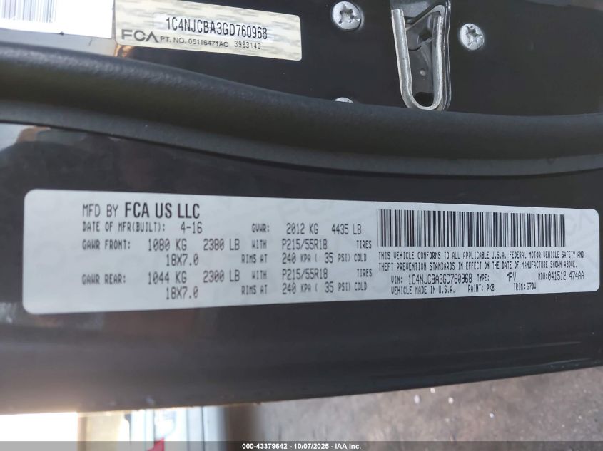 2016 Jeep Compass Sport Se VIN: 1C4NJCBA3GD760968 Lot: 43379642