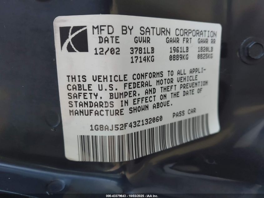 2003 Saturn Ion 2 VIN: 1G8AJ52F43Z132060 Lot: 43379643