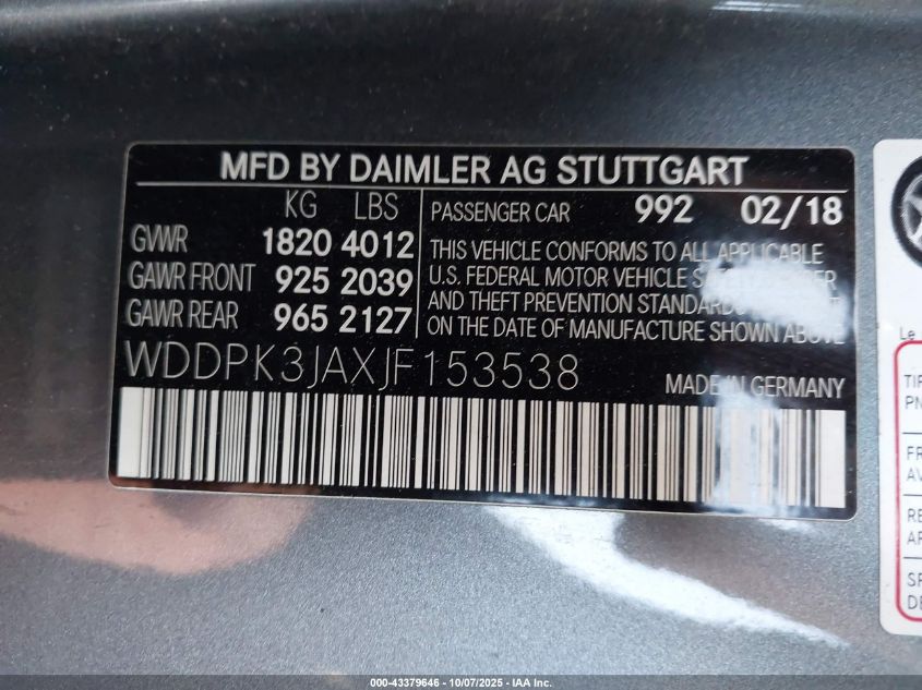 2018 Mercedes-Benz Slc 300 VIN: WDDPK3JAXJF153538 Lot: 43379646