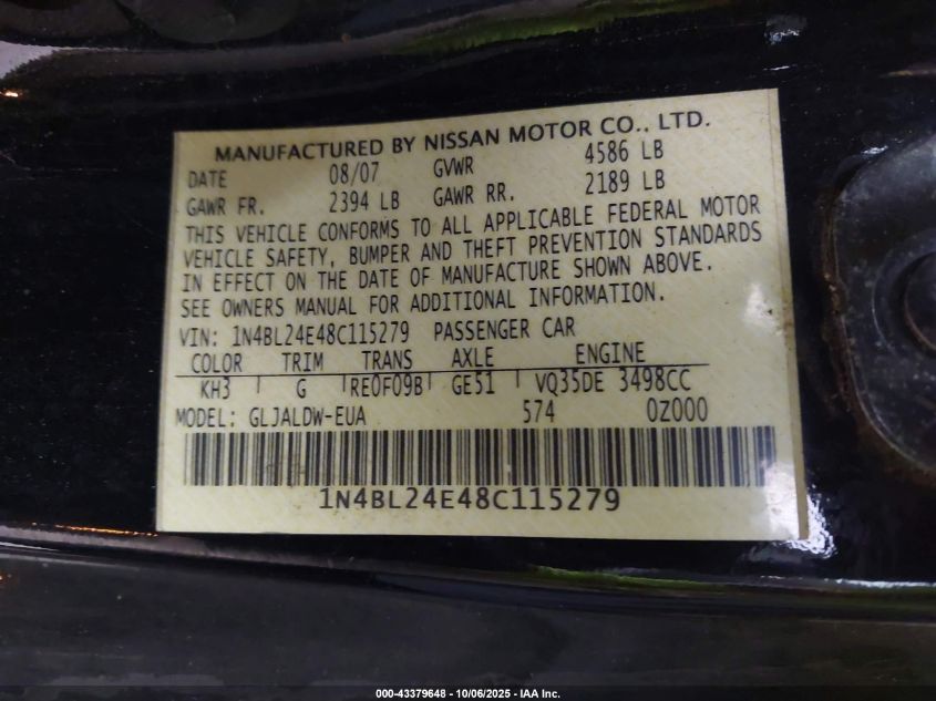 2008 Nissan Altima 3.5 Se VIN: 1N4BL24E48C115279 Lot: 43379648
