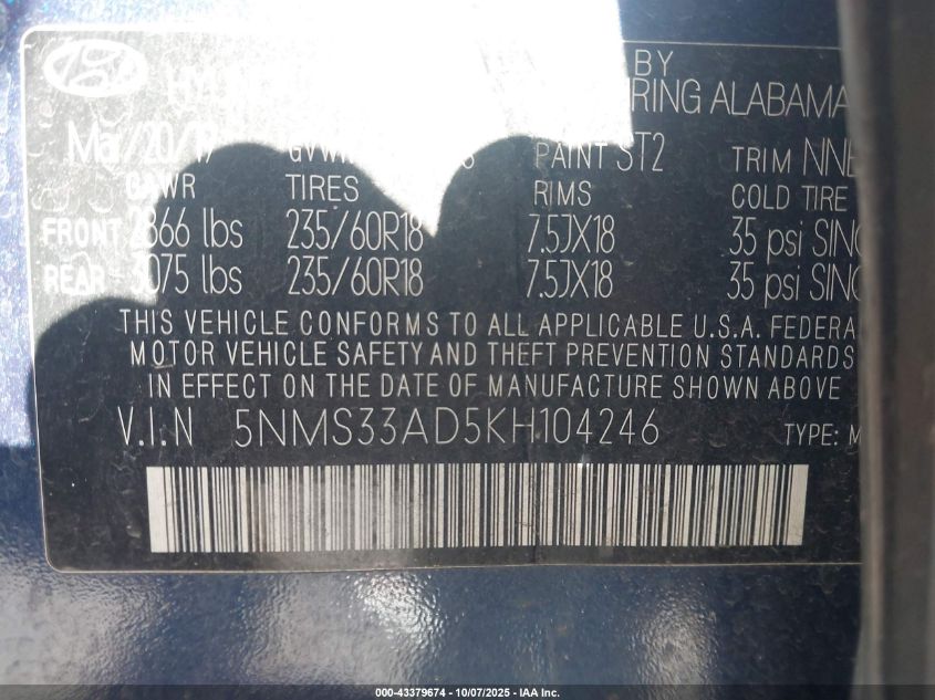 2019 Hyundai Santa Fe Sel Plus VIN: 5NMS33AD5KH104246 Lot: 43379674