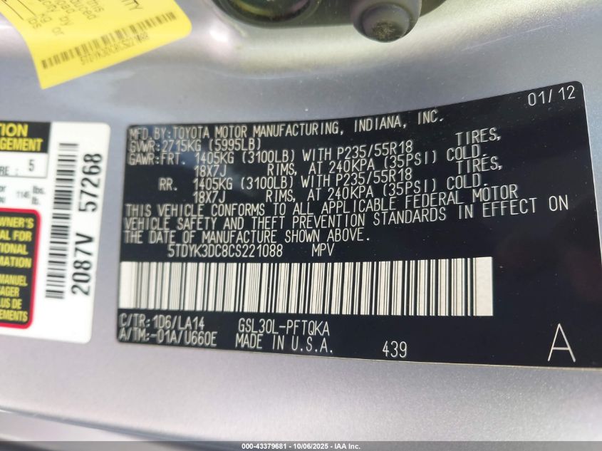 2012 Toyota Sienna Limited V6 7 Passenger VIN: 5TDYK3DC8CS221088 Lot: 43379681