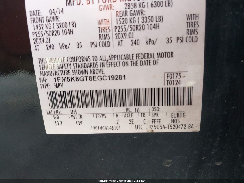 2014 Ford Explorer Sport VIN: 1FM5K8GT8EGC19281 Lot: 43379685