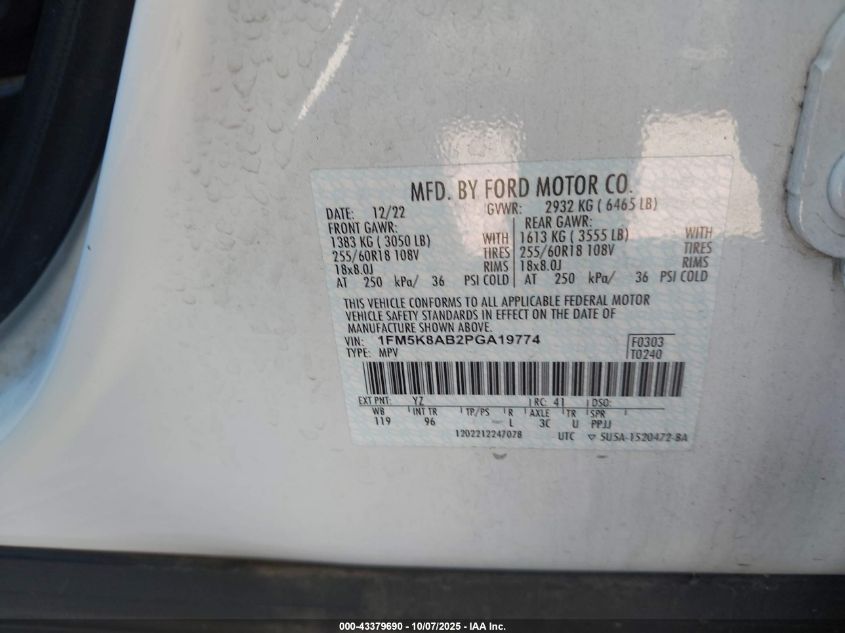 2023 Ford Police Interceptor VIN: 1FM5K8AB2PGA19774 Lot: 43379690