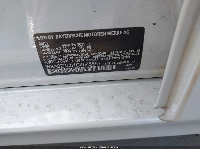 2016 BMW 328I VIN: WBA8E9C51GK645557 Lot: 43379706