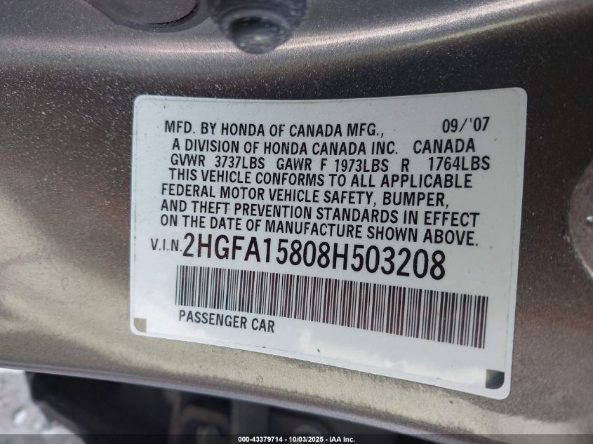 2008 Honda Civic Ex VIN: 2HGFA15808H503208 Lot: 43379714