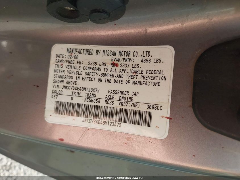 2008 Infiniti G37 Journey VIN: JNKCV64E48M123472 Lot: 43379718