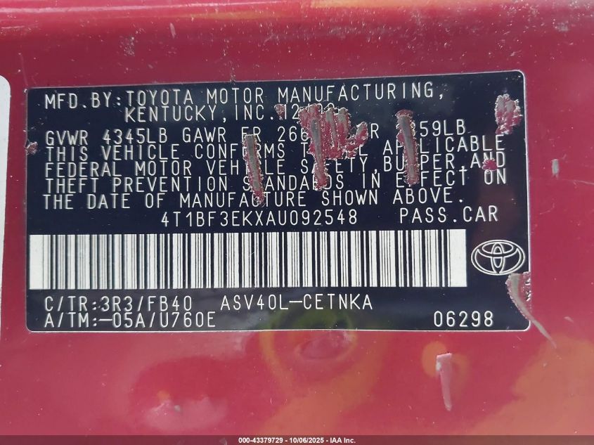 2010 Toyota Camry Le VIN: 4T1BF3EKXAU092548 Lot: 43379729