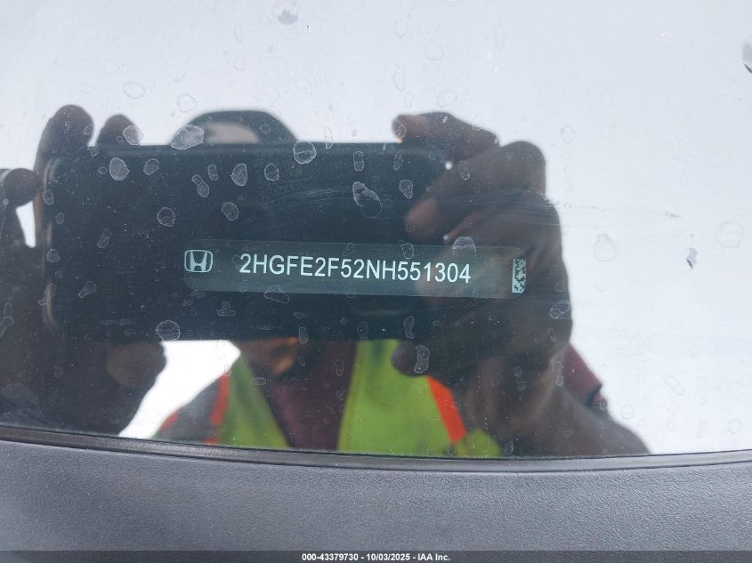 2022 Honda Civic Sport VIN: 2HGFE2F52NH551304 Lot: 43379730