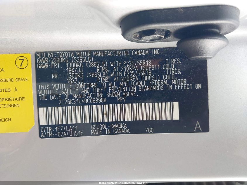 2009 Lexus Rx 350 VIN: 2T2GK31U49C068988 Lot: 43379731