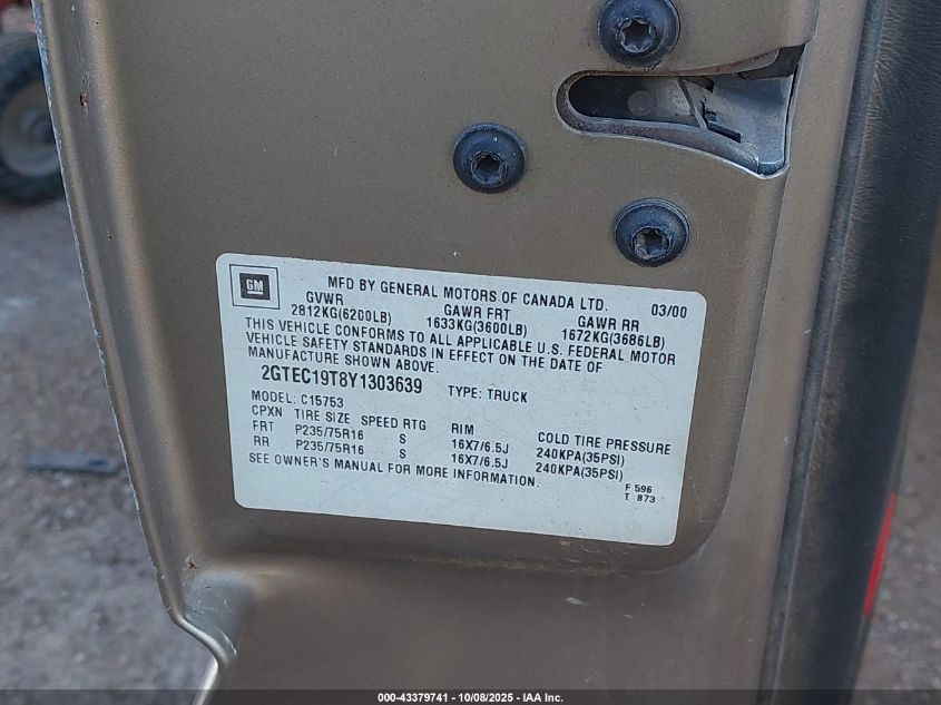 2000 GMC Sierra 1500 Sle VIN: 2GTEC19T8Y1303639 Lot: 43379741