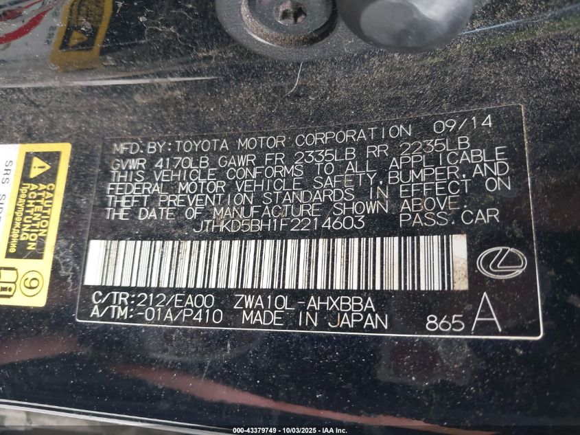 2015 Lexus Ct 200H VIN: JTHKD5BH1F2214603 Lot: 43379749