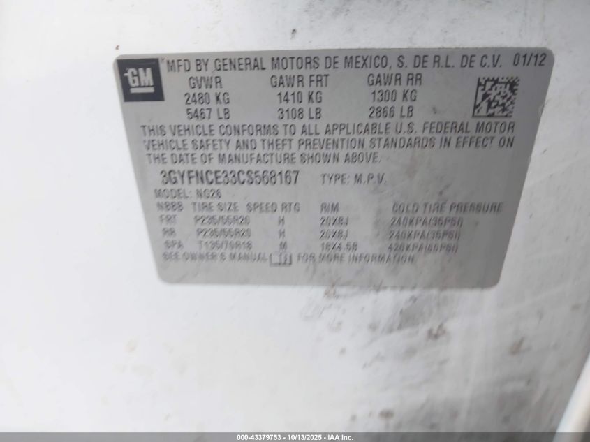 2012 Cadillac Srx Premium Collection VIN: 3GYFNCE33CS568167 Lot: 43379753