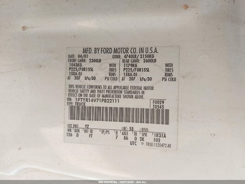 2001 Ford Ranger Edge/Xl/Xlt VIN: 1FTYR14V71PB22111 Lot: 43379754