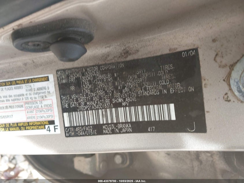 2004 Toyota Highlander Limited V6 VIN: JTEDP21A340018316 Lot: 43379780