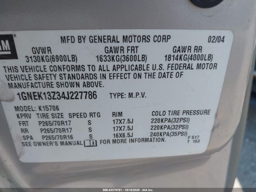 2004 Chevrolet Tahoe Lt VIN: 1GNEK13Z34J227786 Lot: 43379781