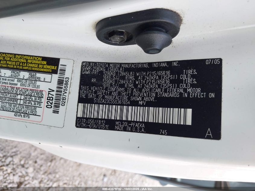 2005 Toyota Sienna Le VIN: 5TDZA23C55S361654 Lot: 43379782